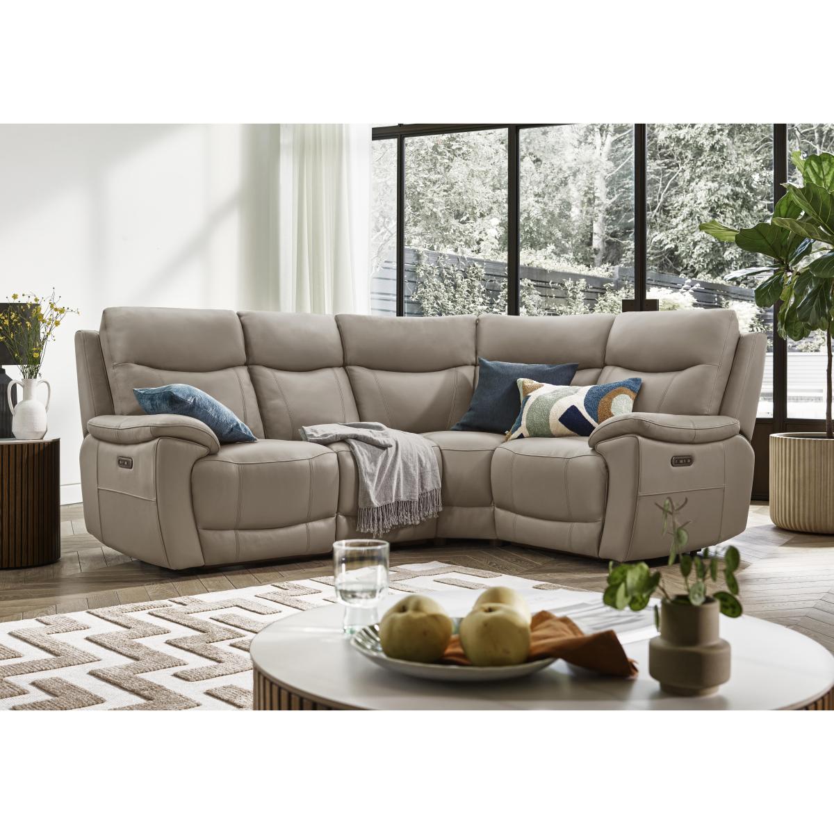 Sloane Leather Small Right Hand Facing Corner Sofa with Power Recliner - Bone China – image 3