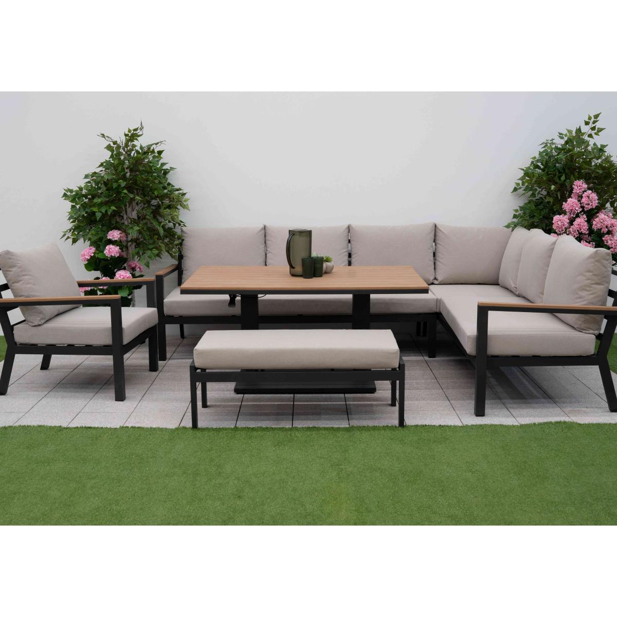 Bloom Right Hand Facing Corner Sofa Set with Rectangular Rising Dining Table, Armchair and Stool – image 2