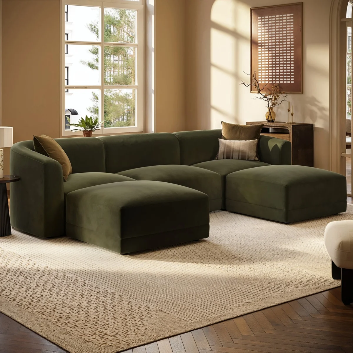 Large Olive Green Velvet 4-Seater U-Shape Modular Chaise Sofa - Laine – image 2