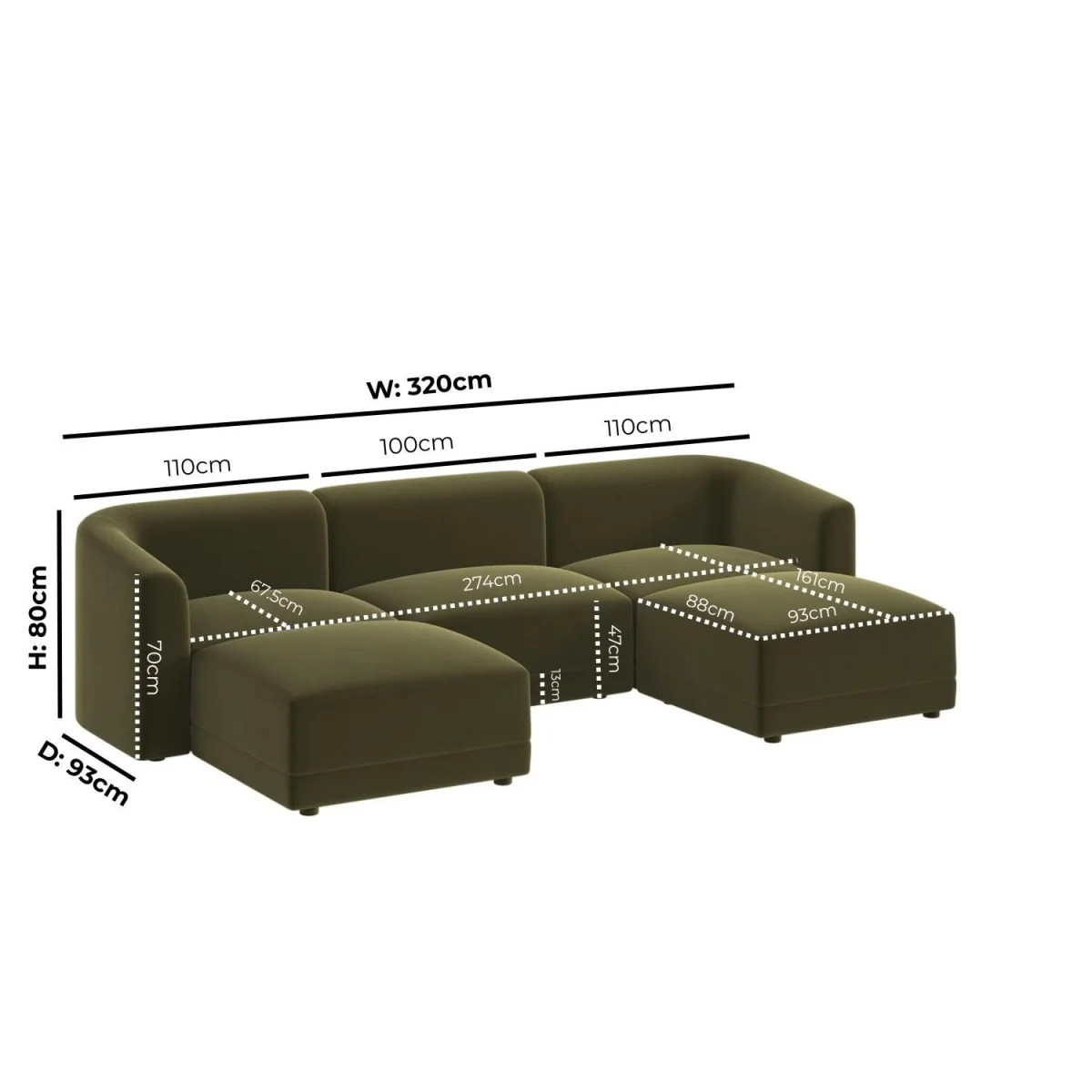 Large Olive Green Velvet 4-Seater U-Shape Modular Chaise Sofa - Laine – image 3