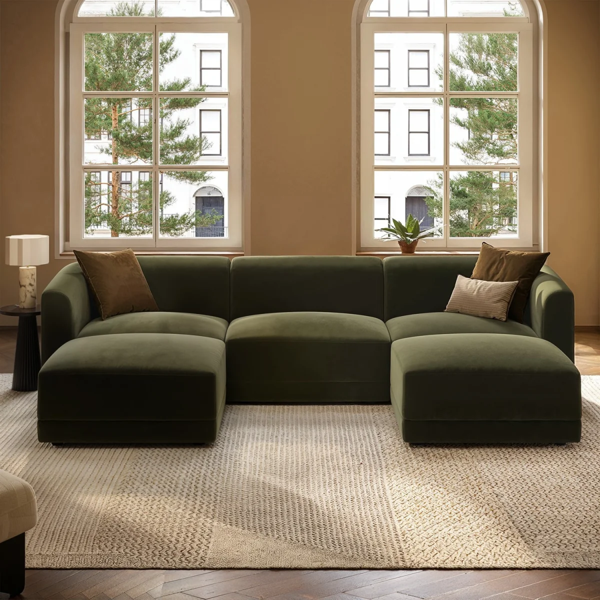 Large Olive Green Velvet 4-Seater U-Shape Modular Chaise Sofa - Laine – image 1