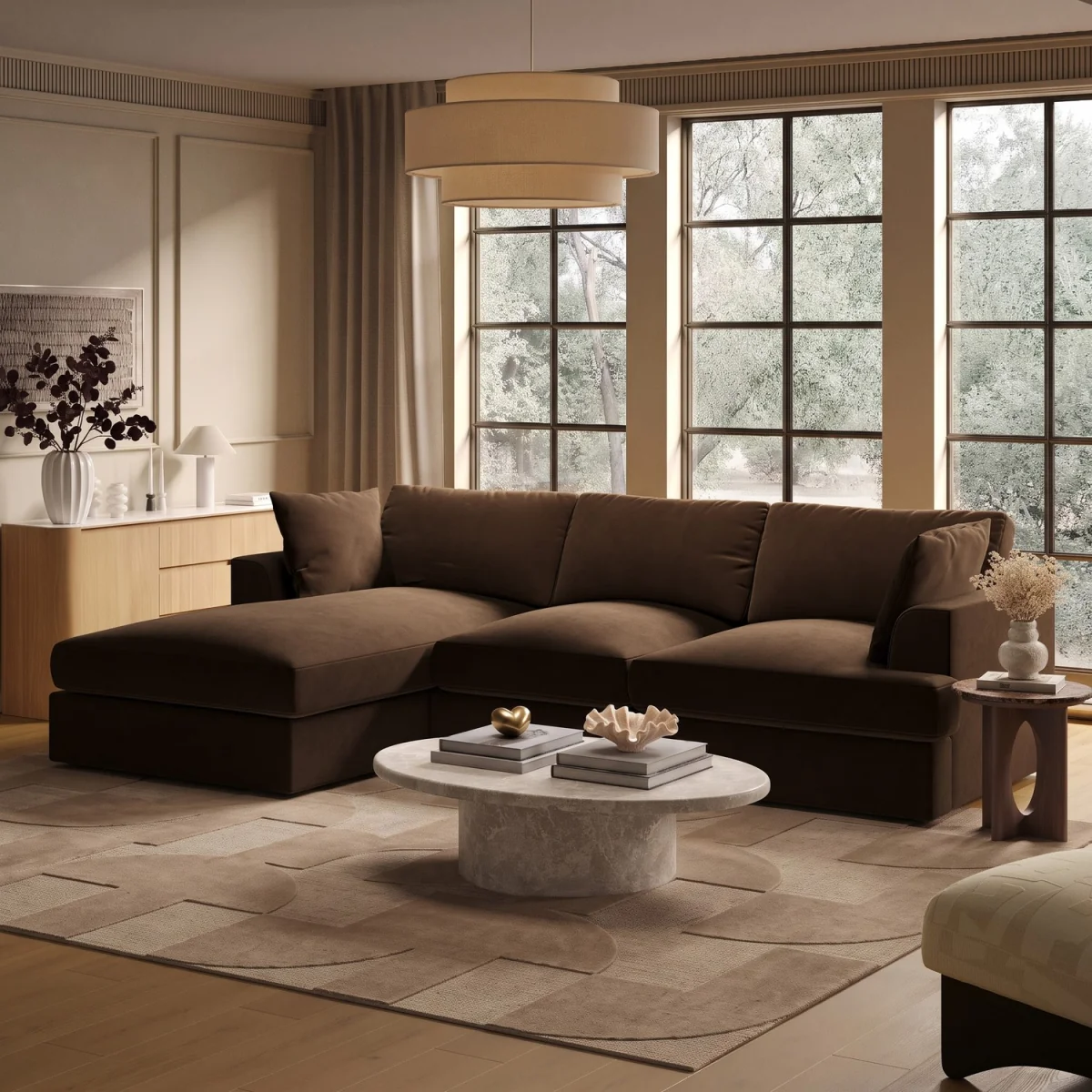 Large Chocolate Brown Velvet Left Hand 4 Seater Chaise Corner Sofa - August – image 2