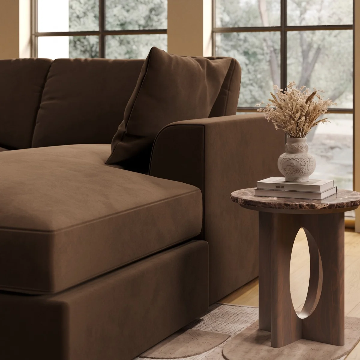 Large Chocolate Brown Velvet Left Hand 4 Seater Chaise Corner Sofa - August – image 3