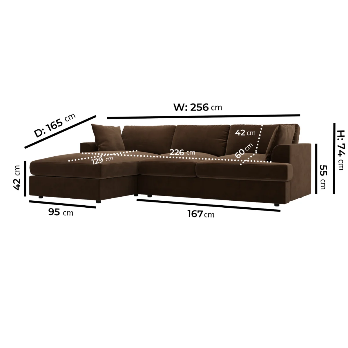 Large Chocolate Brown Velvet Left Hand 4 Seater Chaise Corner Sofa - August – image 4