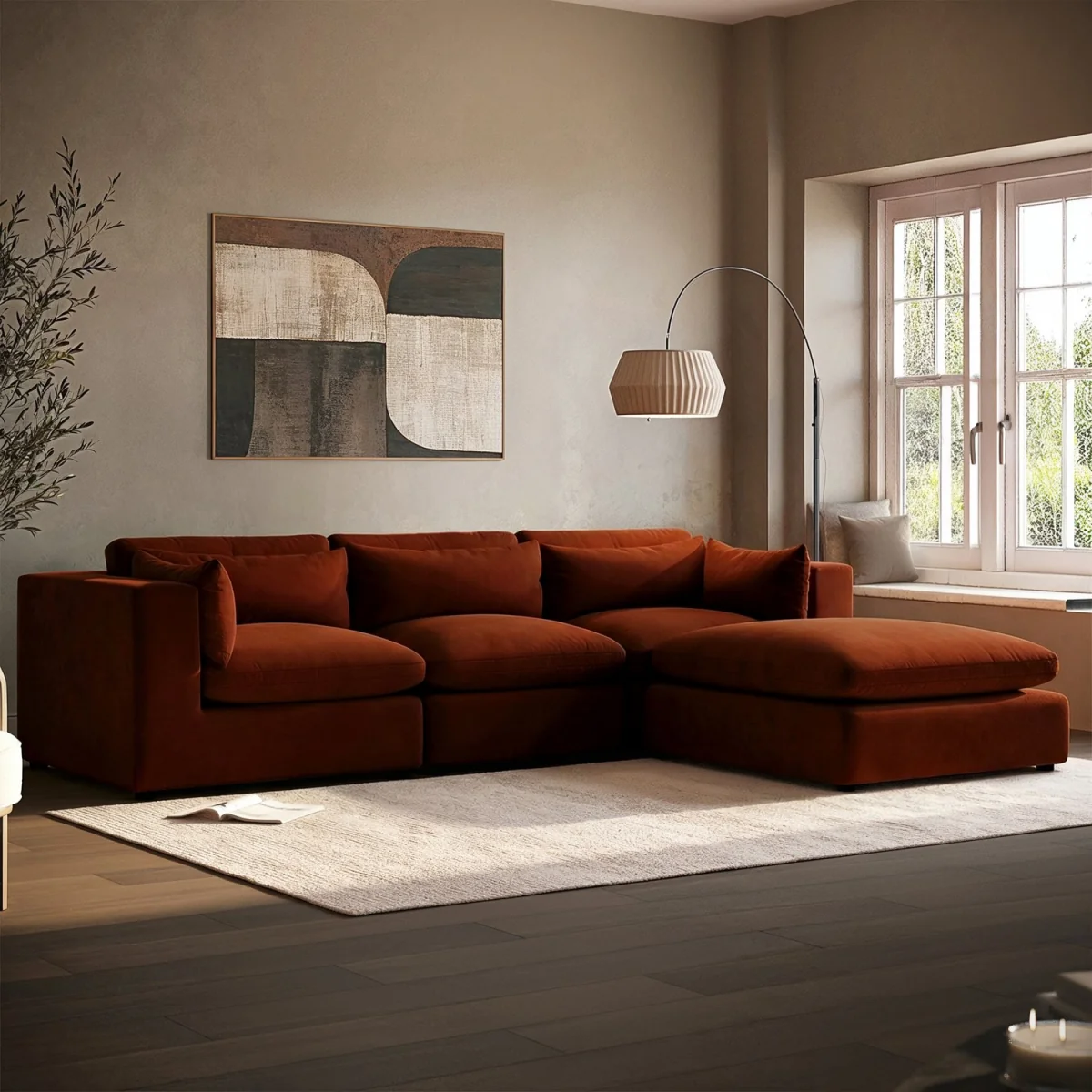 LargeBurnt Orange Velvet Reversible 4 SeaterChaise Corner Sofa - Hudson – image 2