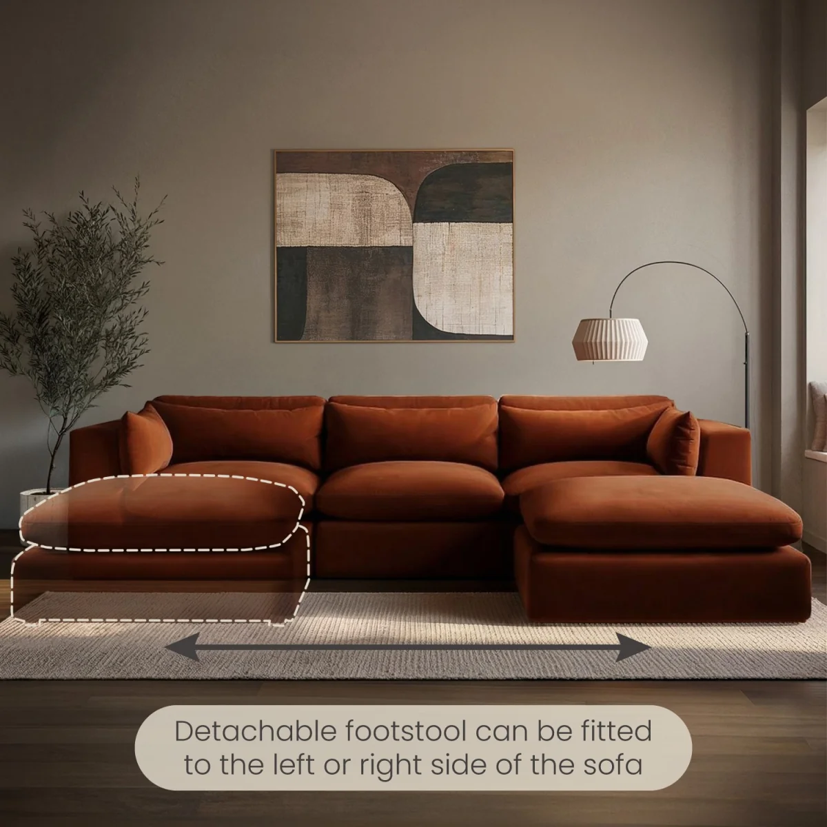 LargeBurnt Orange Velvet Reversible 4 SeaterChaise Corner Sofa - Hudson – image 3