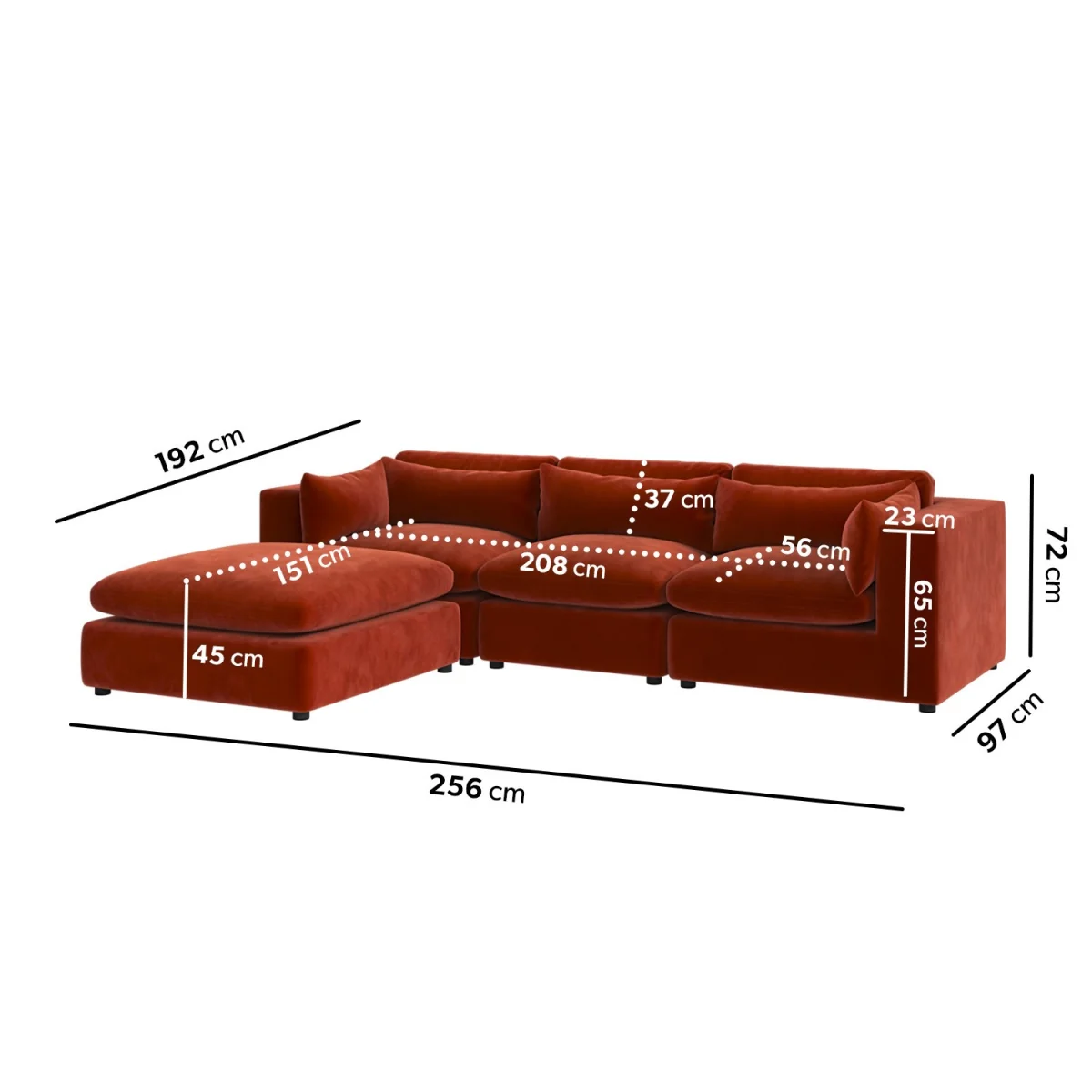 LargeBurnt Orange Velvet Reversible 4 SeaterChaise Corner Sofa - Hudson – image 4