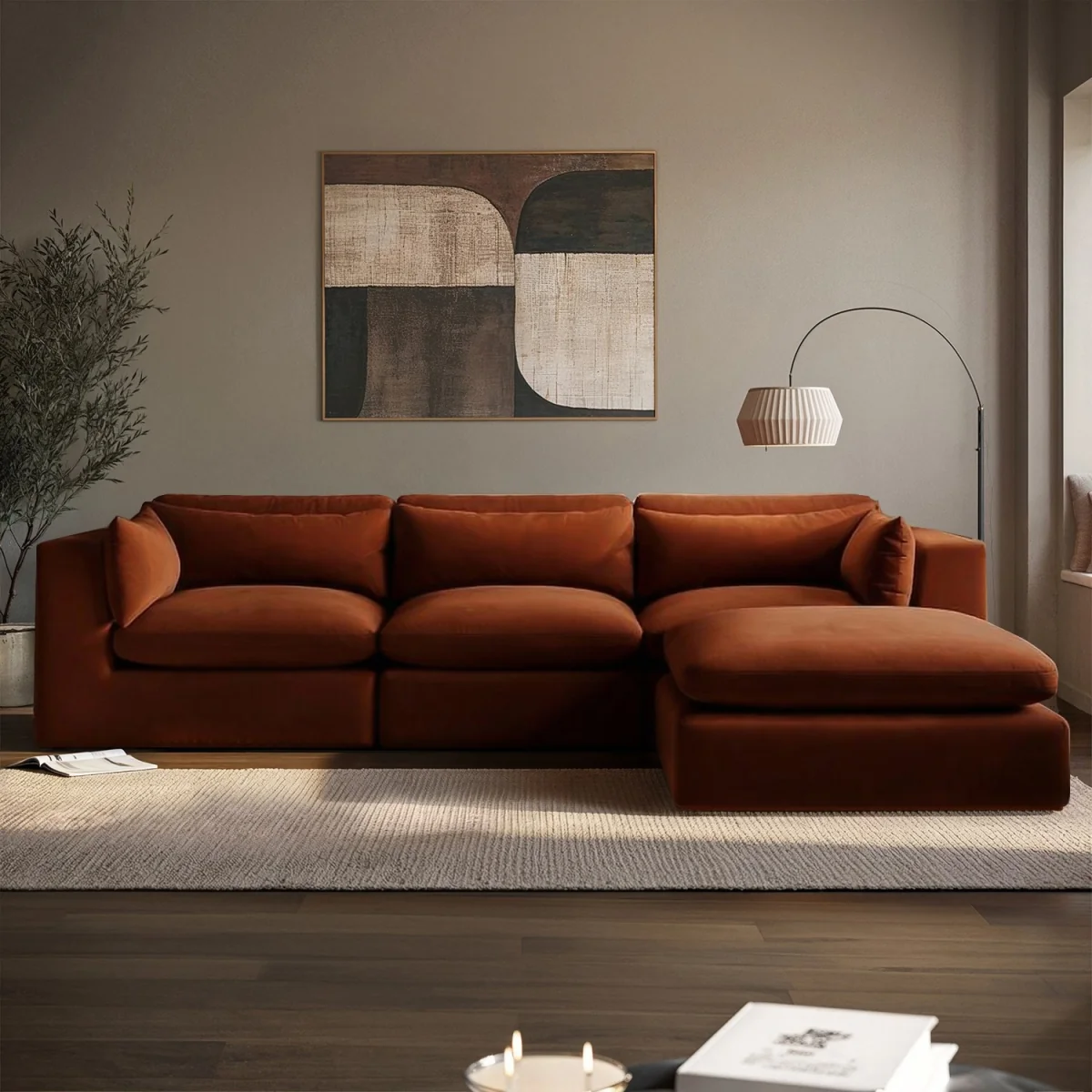 LargeBurnt Orange Velvet Reversible 4 SeaterChaise Corner Sofa - Hudson – image 1