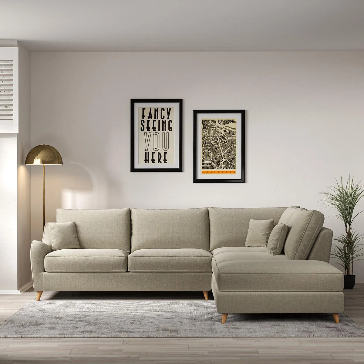 Amelia Tonal Basket Weave Corner Sofa & Footstool Set with Light Wood Legs (Right Facing)