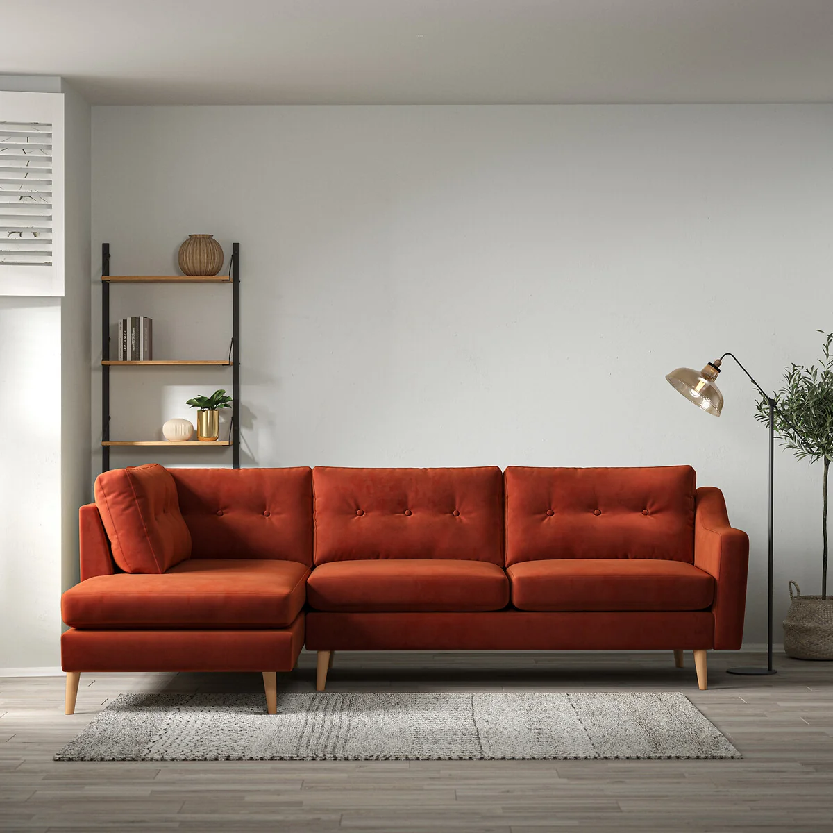 Rosa Curve Buttoned Velvet Corner Chaise Sofa with Light Wood Legs (Left Facing) – image 1