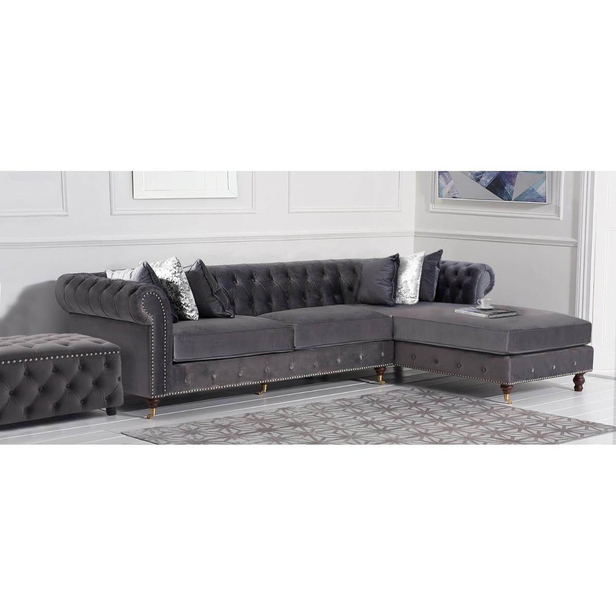 Flora Grey Velvet Right Facing Chesterfield Corner Chaise Sofa – image 11