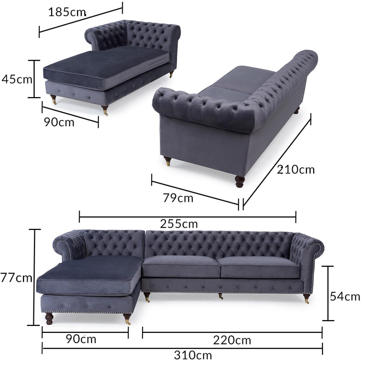 Flora Grey Velvet Right Facing Chesterfield Corner Chaise Sofa – image 10