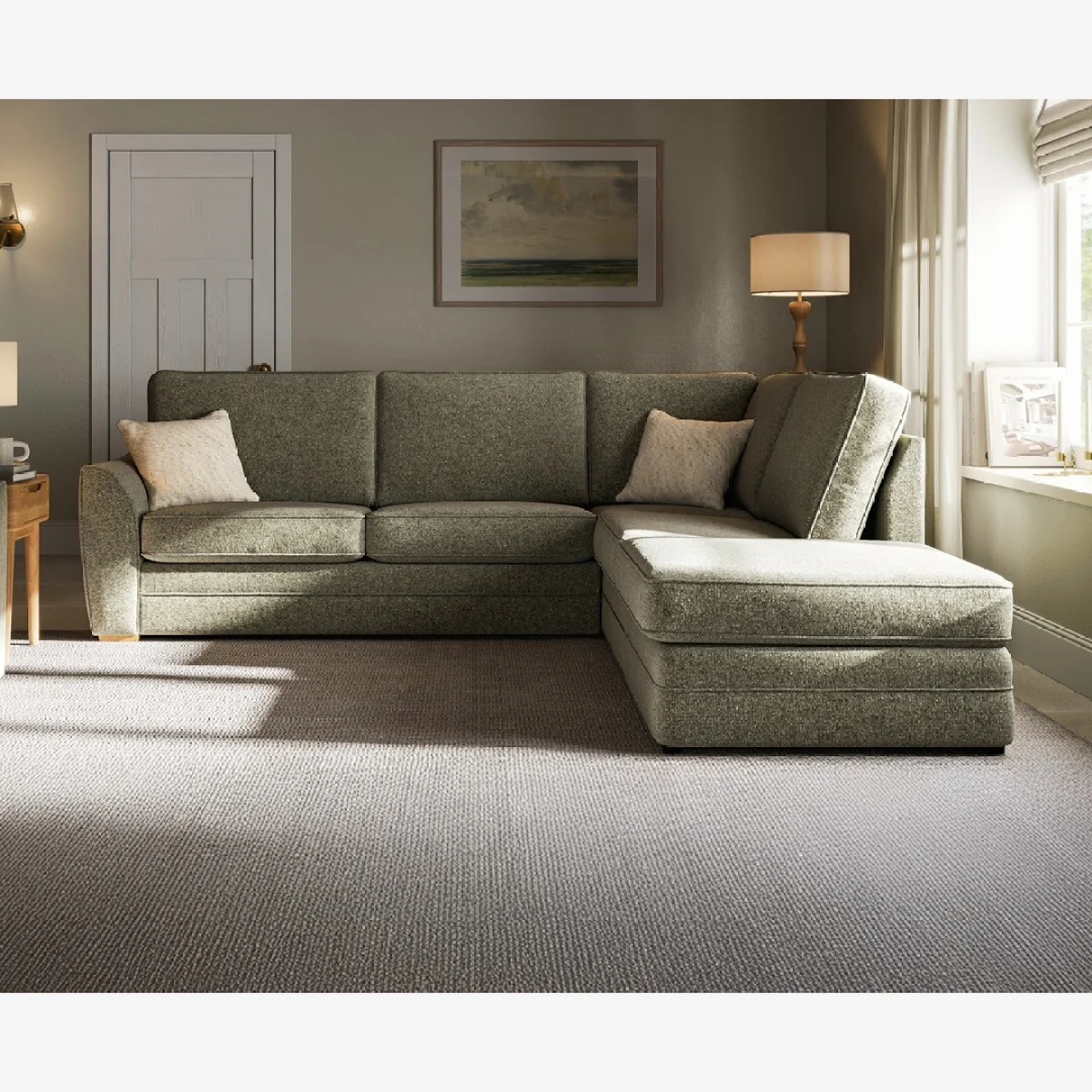 Bella Olive Fabric Large Right Hand Facing Chaise Corner Sofa