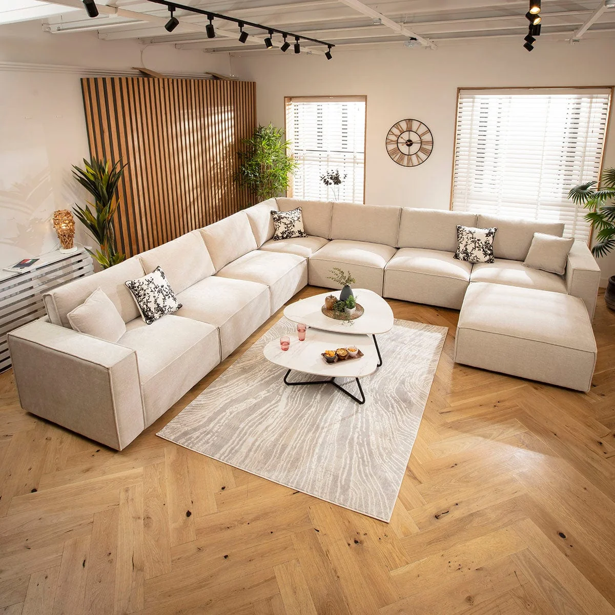 Designer L-Shape Corner Sofa 7 Seater Modular Settee Natural Cream Fabric 386x386cm 17 – image 2