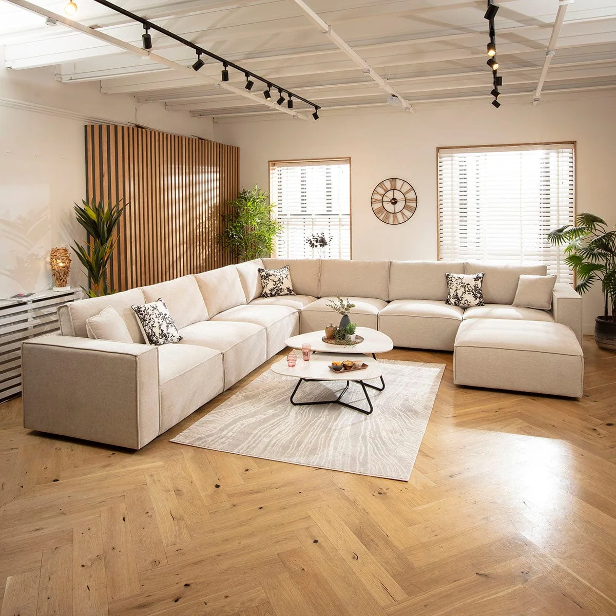 Designer L-Shape Corner Sofa 7 Seater Modular Settee Natural Cream Fabric 386x386cm 17 – image 3