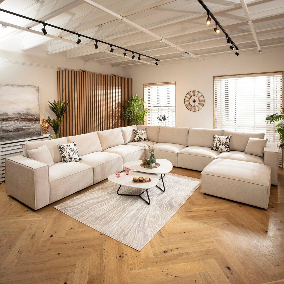 Designer L-Shape Corner Sofa 7 Seater Modular Settee Natural Cream Fabric 386x386cm 17 – image 1