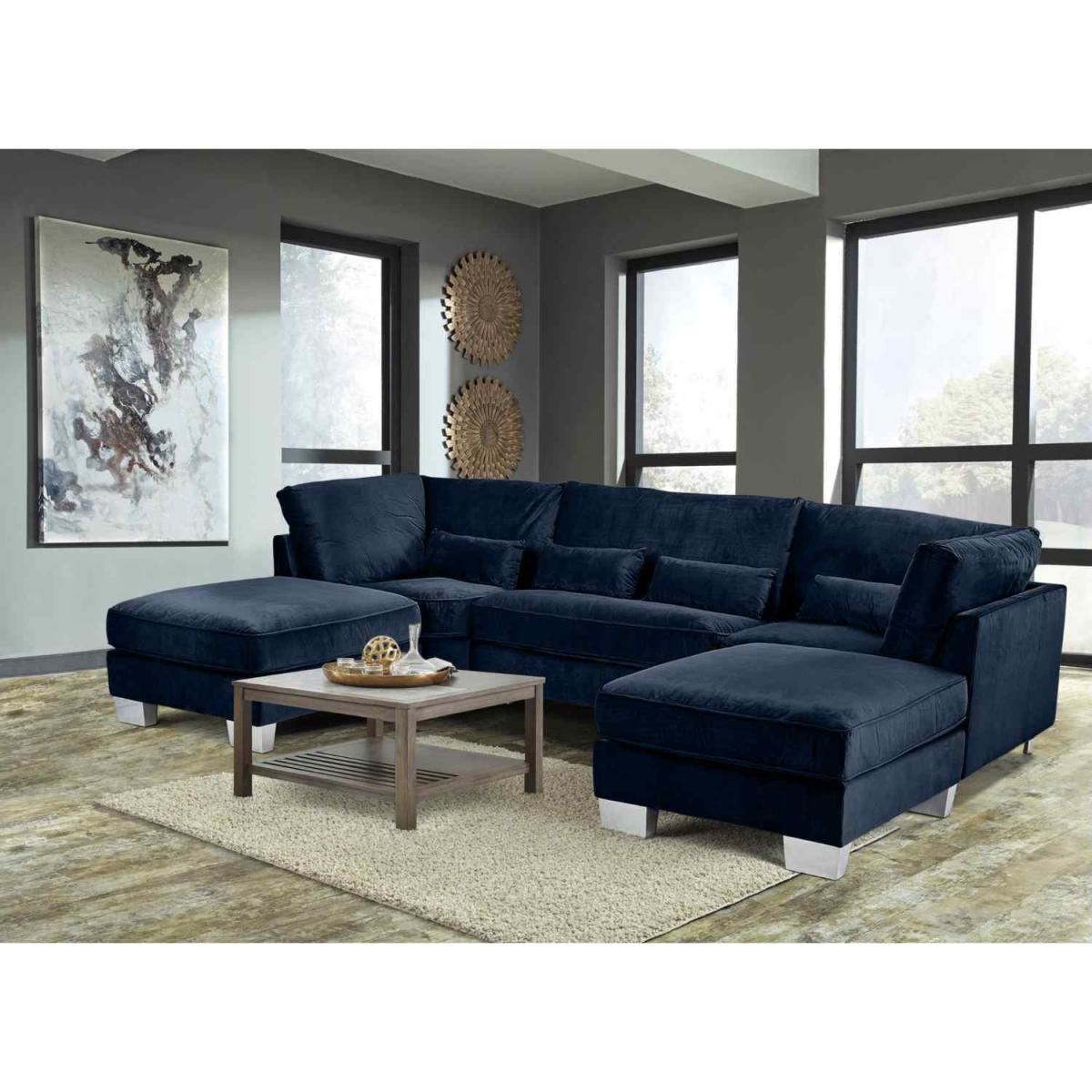 Almora Full Back Corner U Shape Sofa Velour Fabric with 2 Footstools - Mushroom – image 11