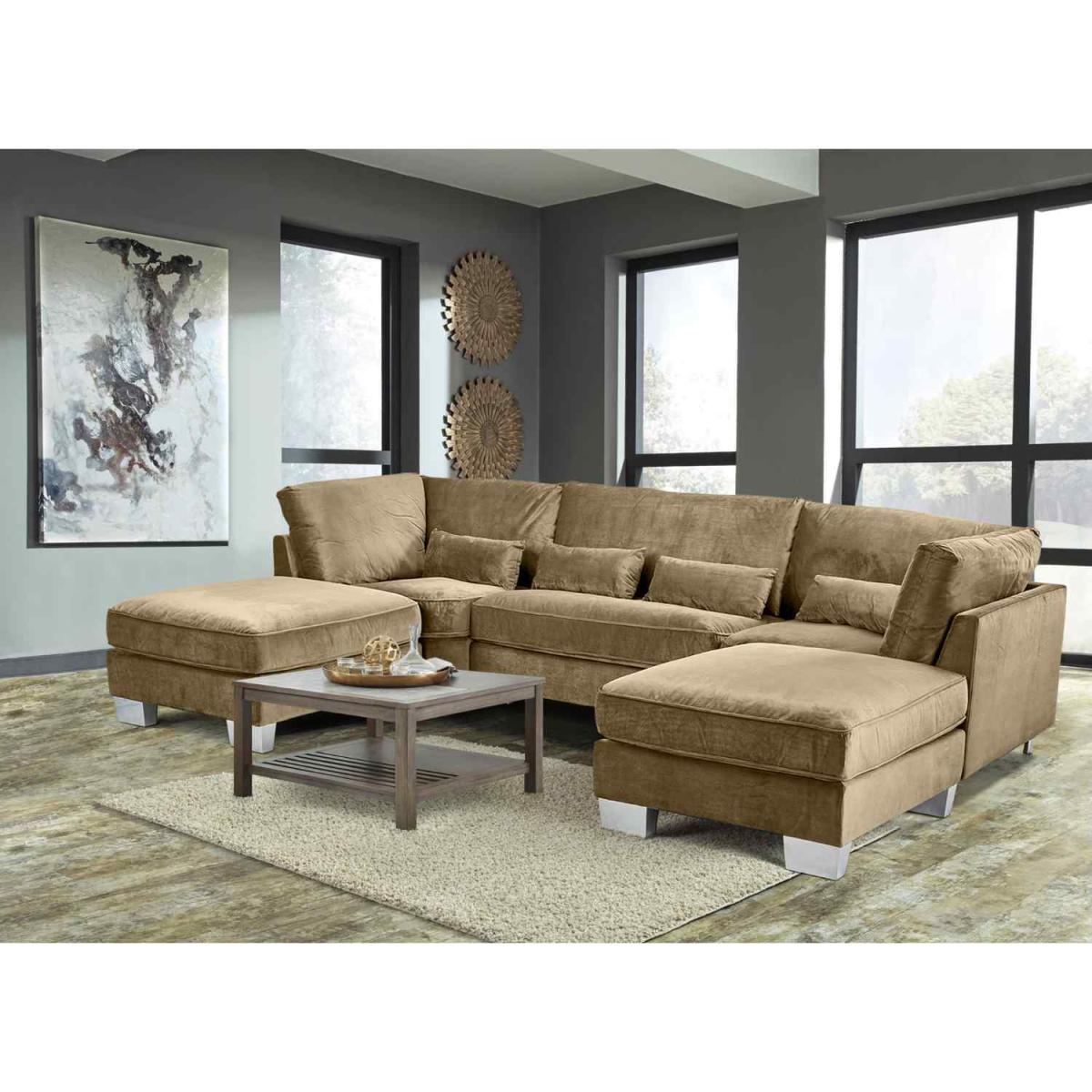 Almora Full Back Corner U Shape Sofa Velour Fabric with 2 Footstools - Mushroom – image 12