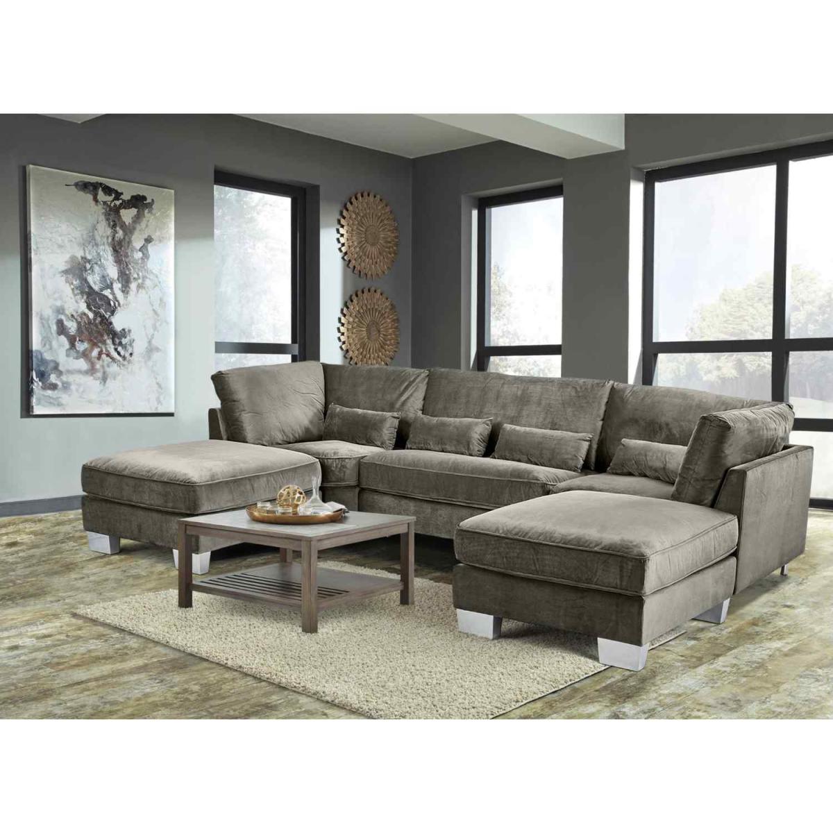 Almora Full Back Corner U Shape Sofa Velour Fabric with 2 Footstools - Mushroom – image 13