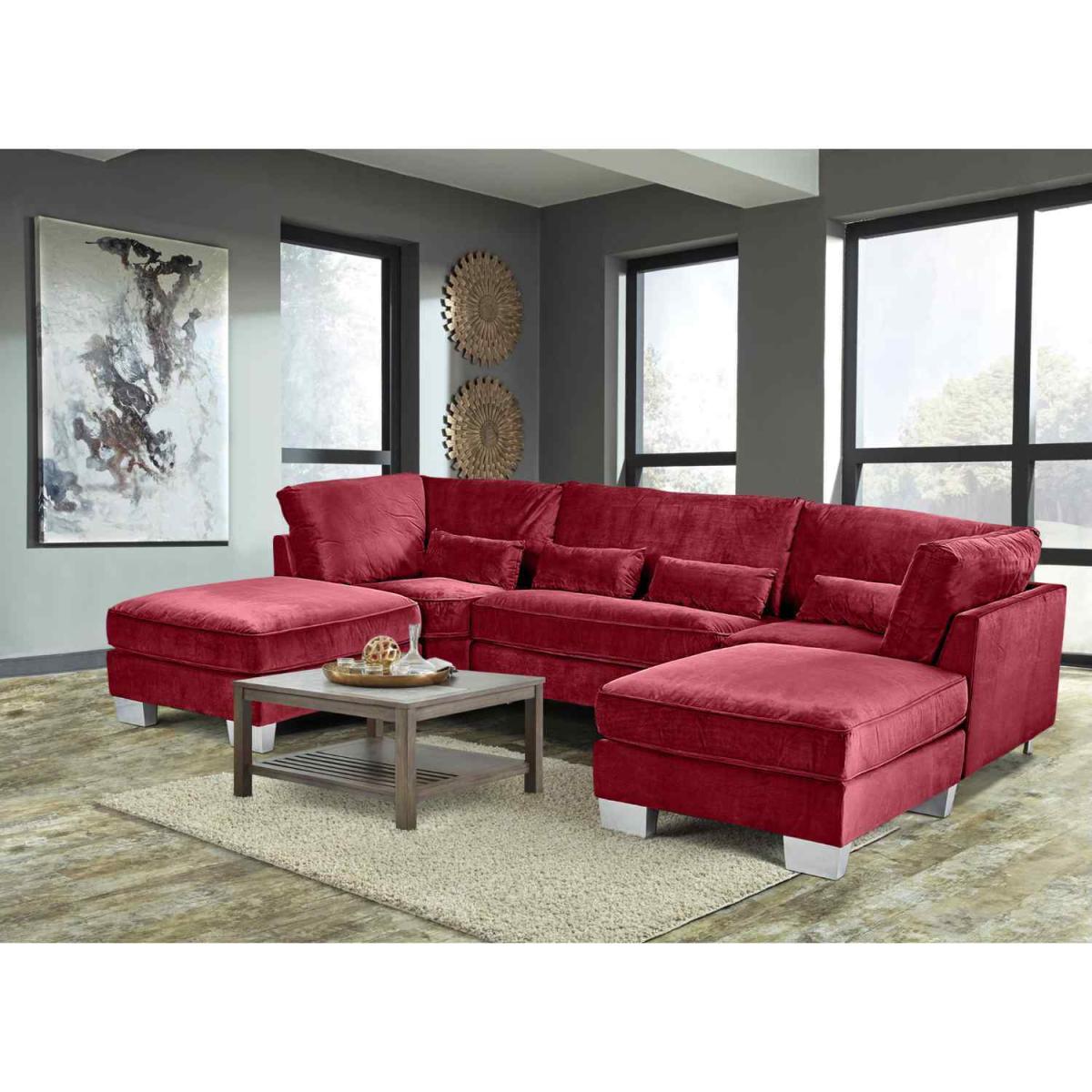 Almora Full Back Corner U Shape Sofa Velour Fabric with 2 Footstools - Mushroom – image 14