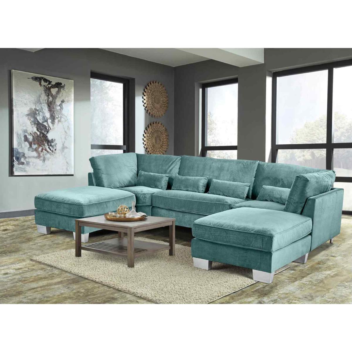 Almora Full Back Corner U Shape Sofa Velour Fabric with 2 Footstools - Mushroom – image 15