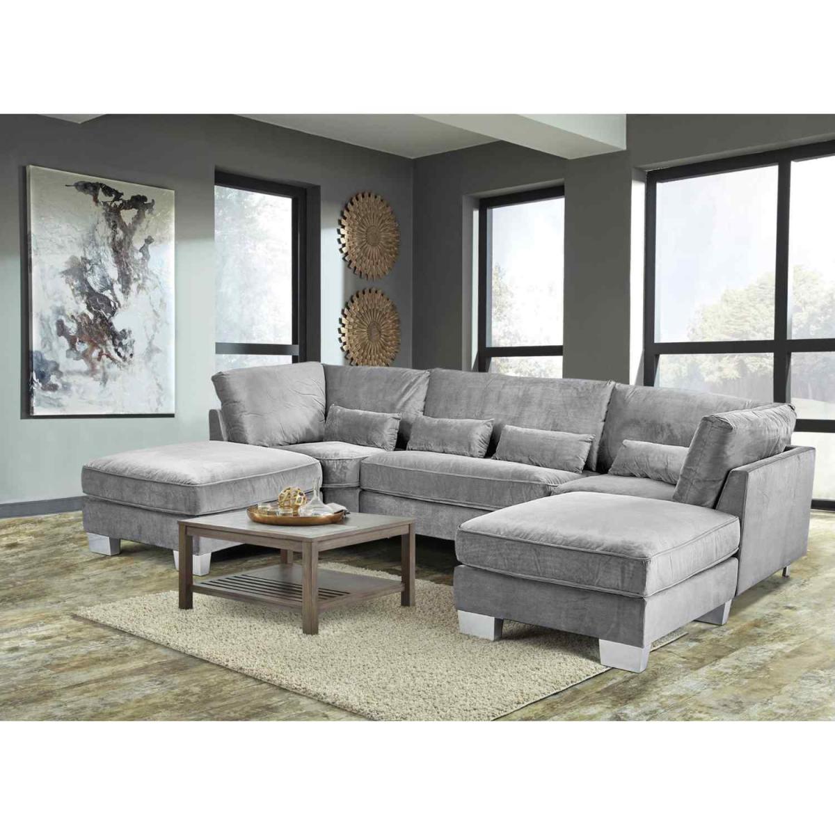 Almora Full Back Corner U Shape Sofa Velour Fabric with 2 Footstools - Mushroom – image 16