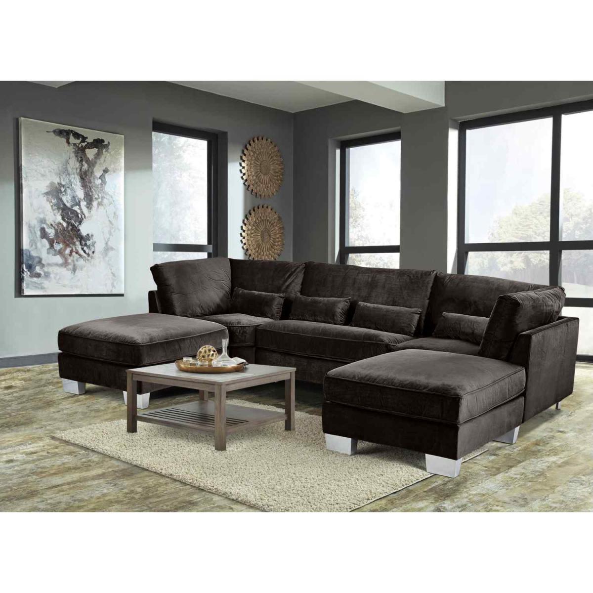 Almora Full Back Corner U Shape Sofa Velour Fabric with 2 Footstools - Mushroom – image 18