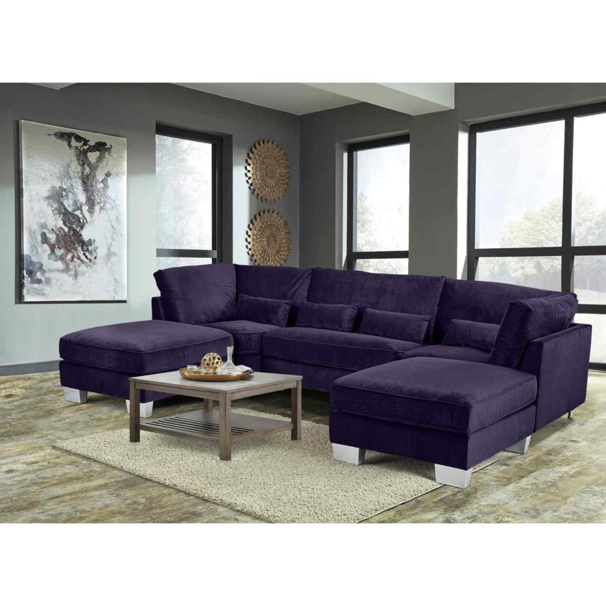 Almora Full Back Corner U Shape Sofa Velour Fabric with 2 Footstools - Mushroom – image 3
