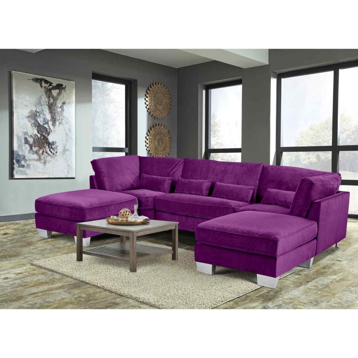 Almora Full Back Corner U Shape Sofa Velour Fabric with 2 Footstools - Mushroom – image 4