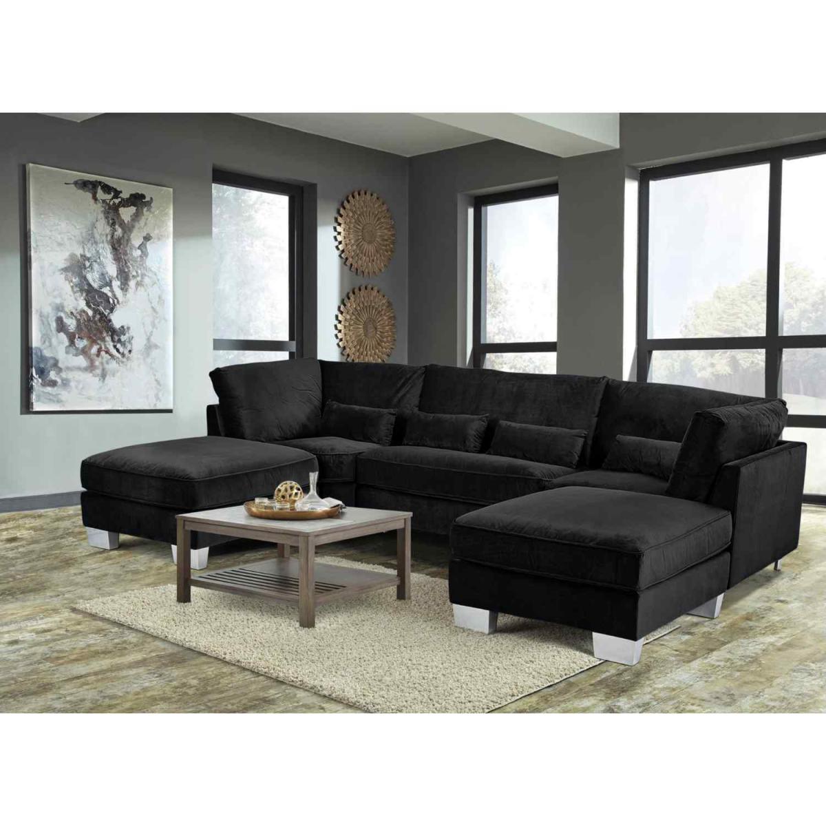 Almora Full Back Corner U Shape Sofa Velour Fabric with 2 Footstools - Mushroom – image 5