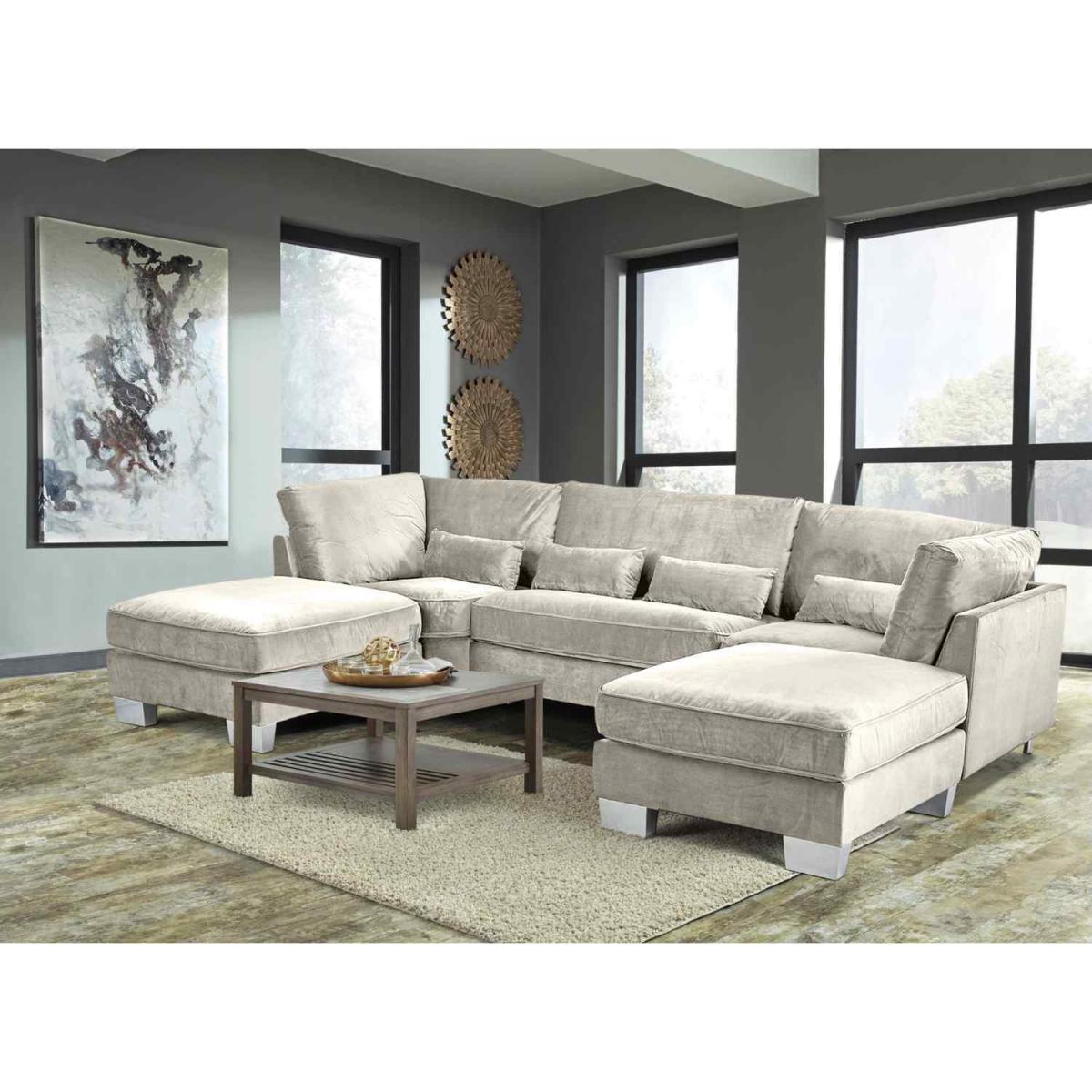 Almora Full Back Corner U Shape Sofa Velour Fabric with 2 Footstools - Mushroom – image 6
