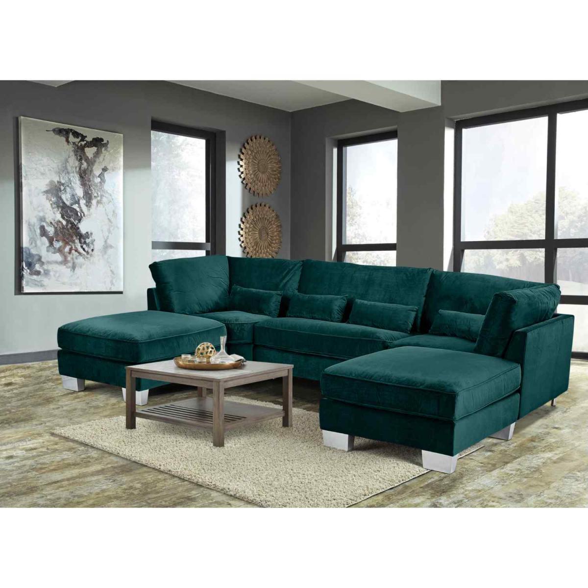 Almora Full Back Corner U Shape Sofa Velour Fabric with 2 Footstools - Mushroom – image 7