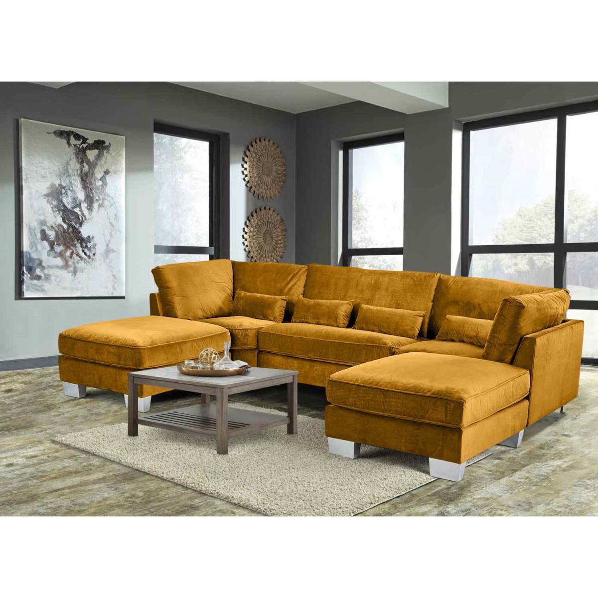 Almora Full Back Corner U Shape Sofa Velour Fabric with 2 Footstools - Mushroom – image 8