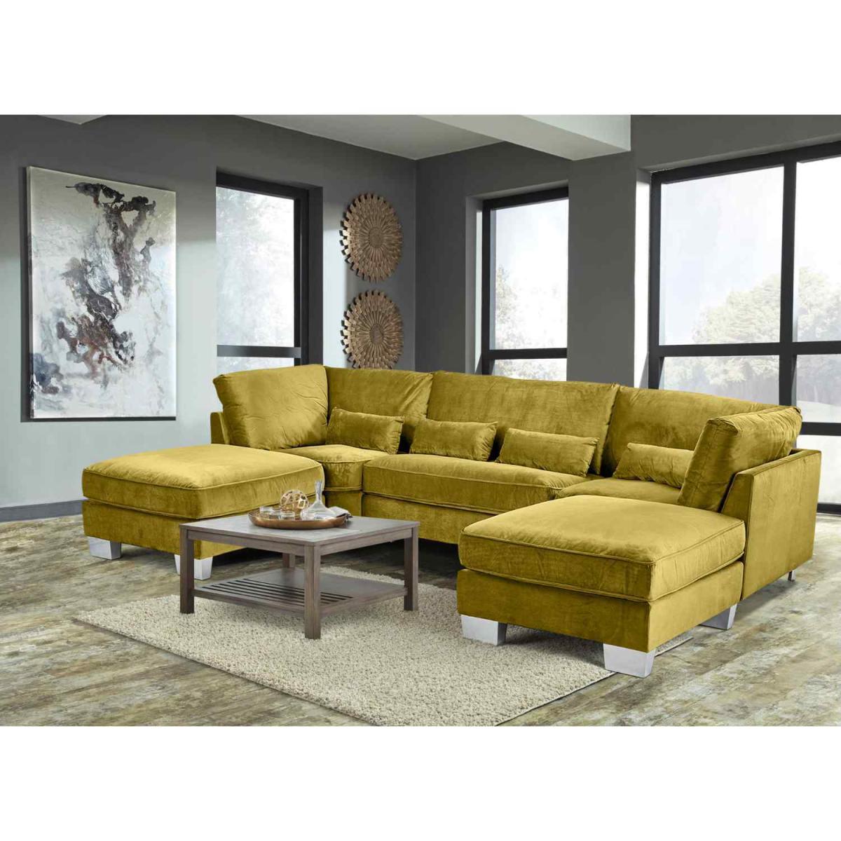 Almora Full Back Corner U Shape Sofa Velour Fabric with 2 Footstools - Mushroom – image 9