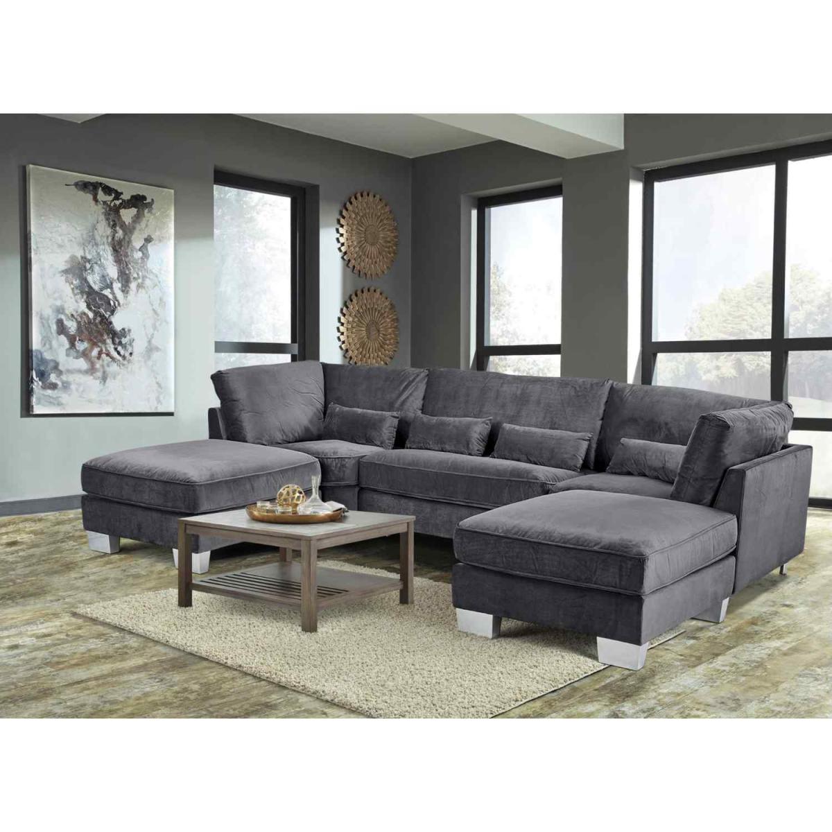 Almora Full Back Corner U Shape Sofa Velour Fabric with 2 Footstools - Mushroom – image 10