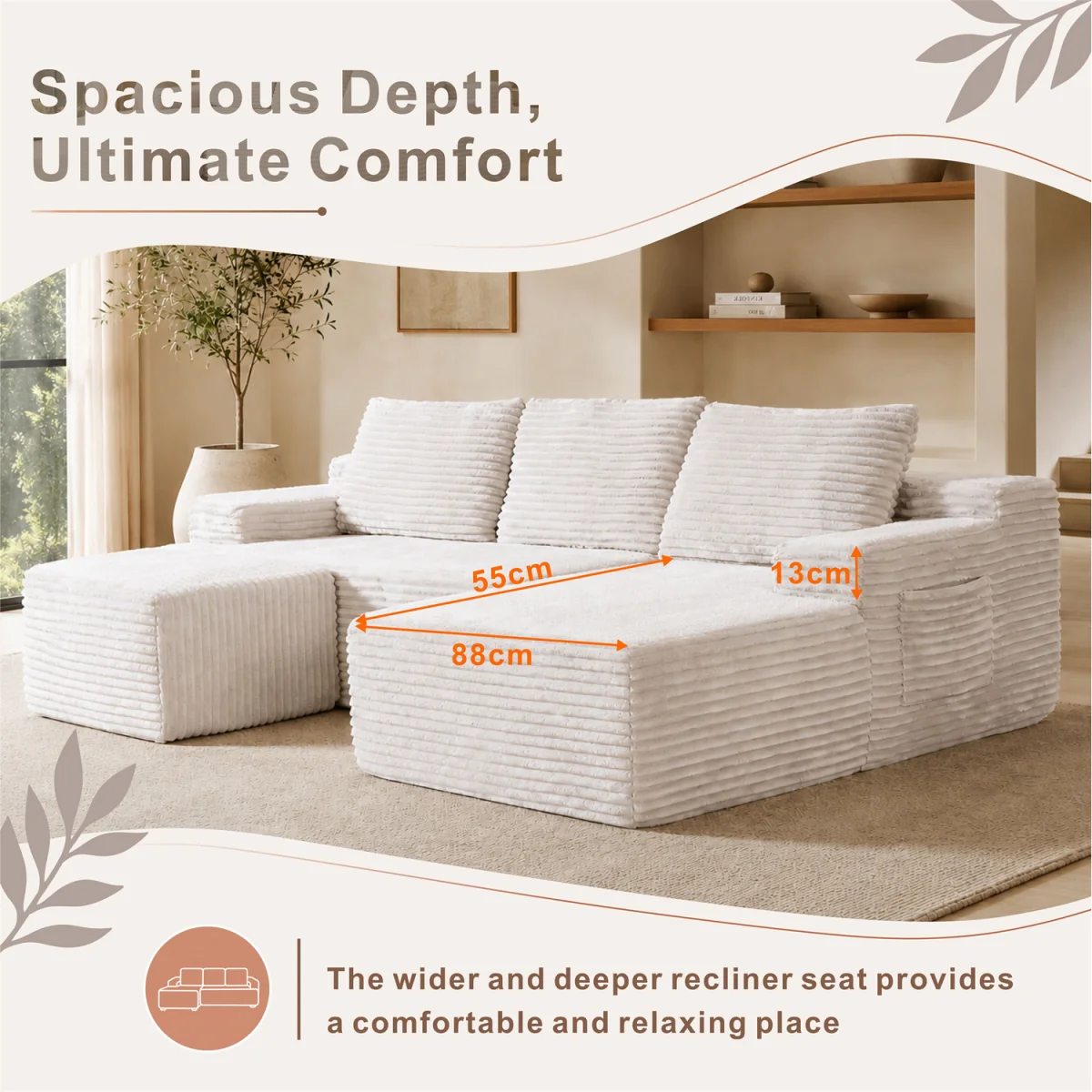 MIMO Modular Chaise Sofa Set with Storage, Square Ottoman, Corduroy Fabric - Grey – image 3