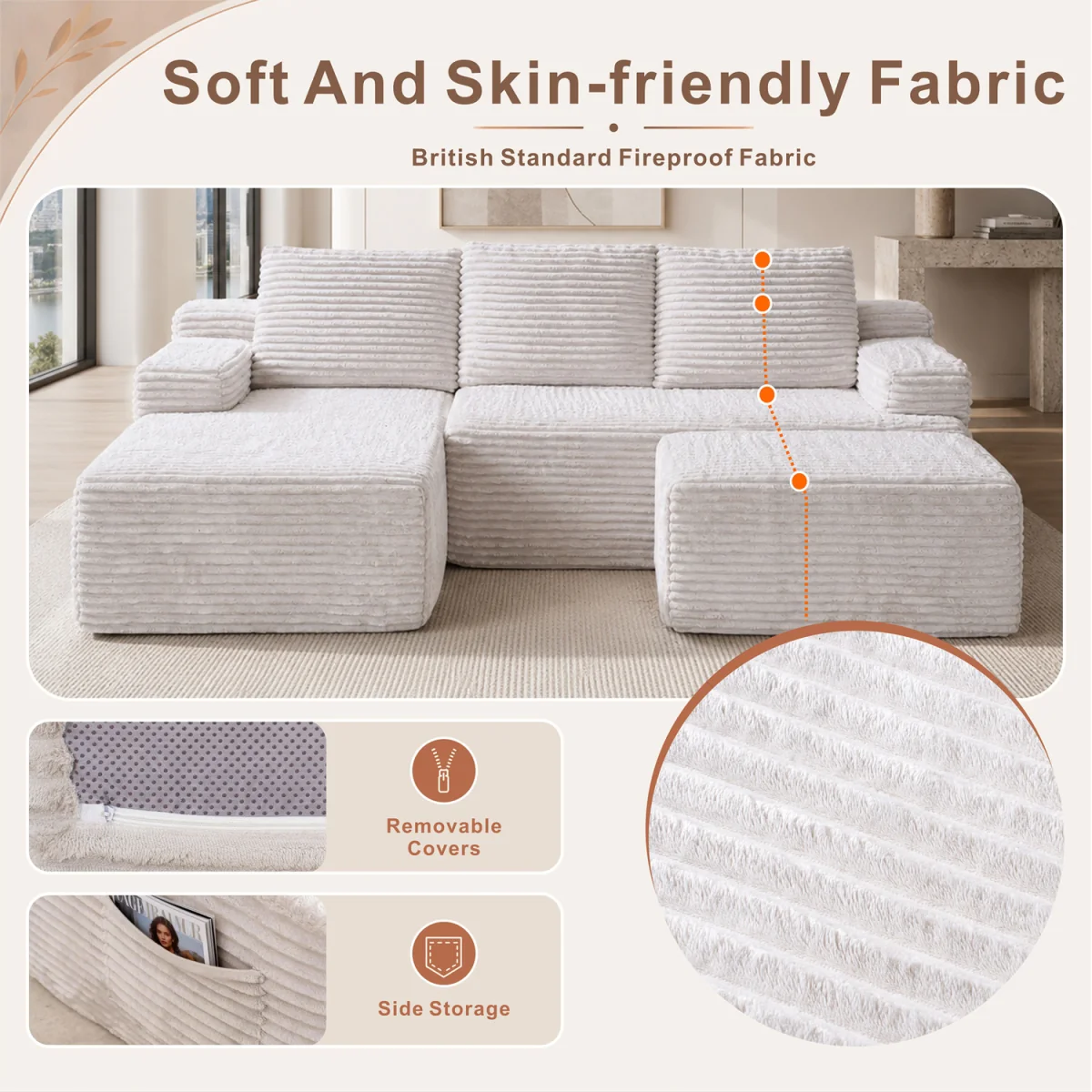 MIMO Modular Chaise Sofa Set with Storage, Square Ottoman, Corduroy Fabric - Grey – image 4
