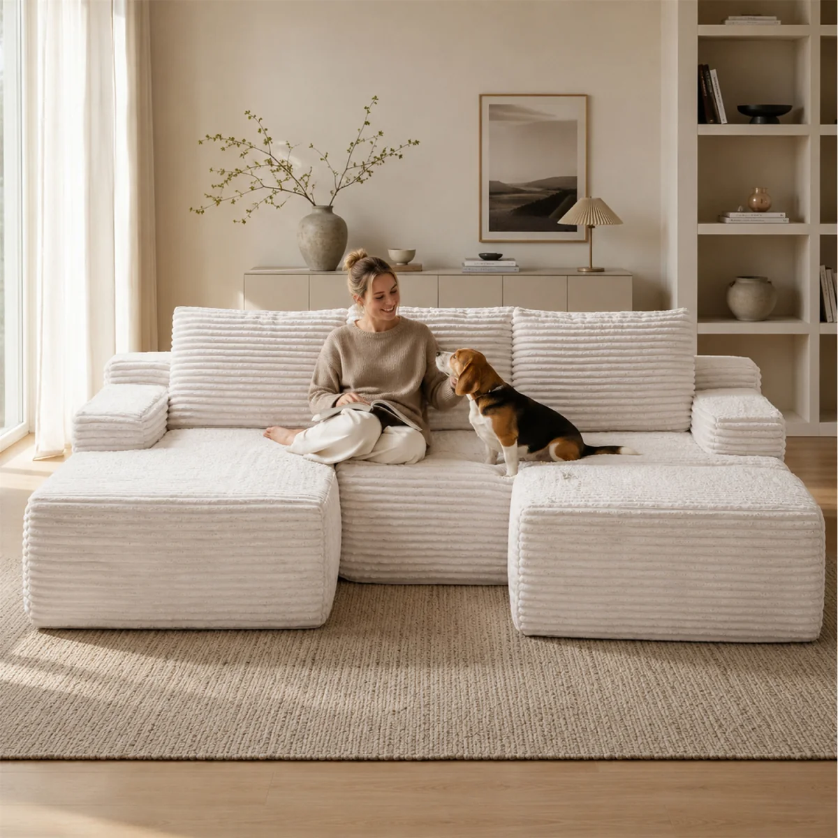 MIMO Modular Chaise Sofa Set with Storage, Square Ottoman, Corduroy Fabric - Grey – image 5