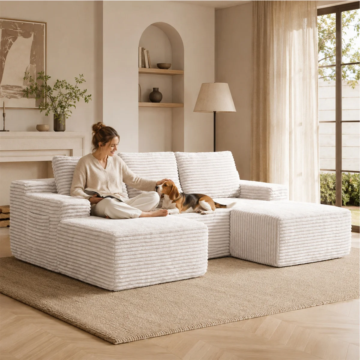 MIMO Modular Chaise Sofa Set with Storage, Square Ottoman, Corduroy Fabric - Grey – image 6