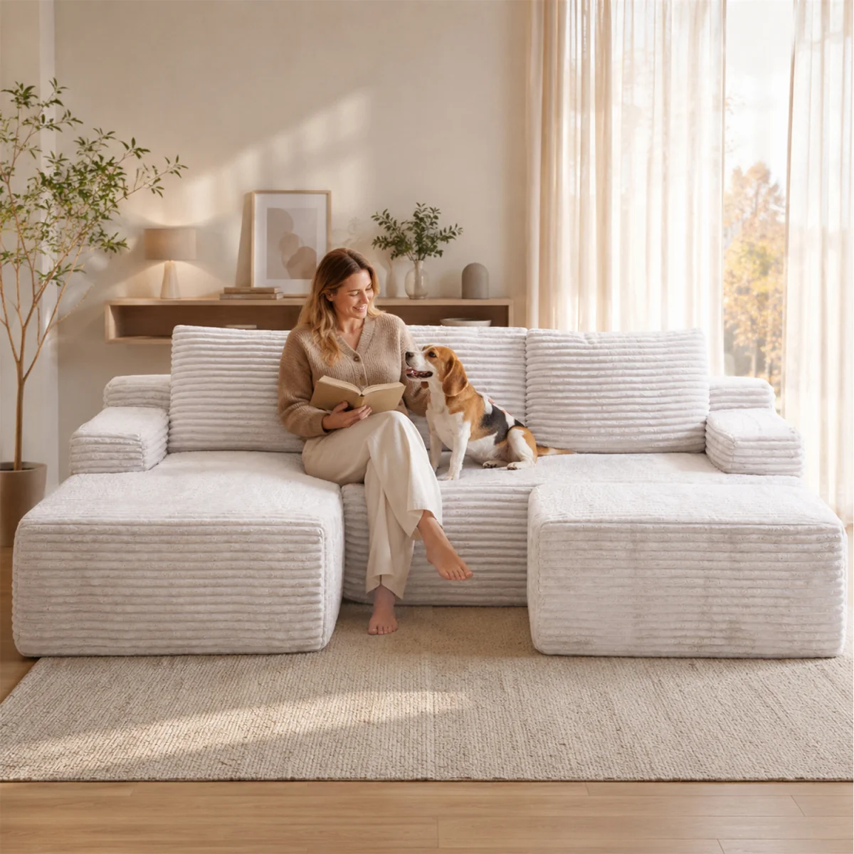 MIMO Modular Chaise Sofa Set with Storage, Square Ottoman, Corduroy Fabric - Grey – image 7
