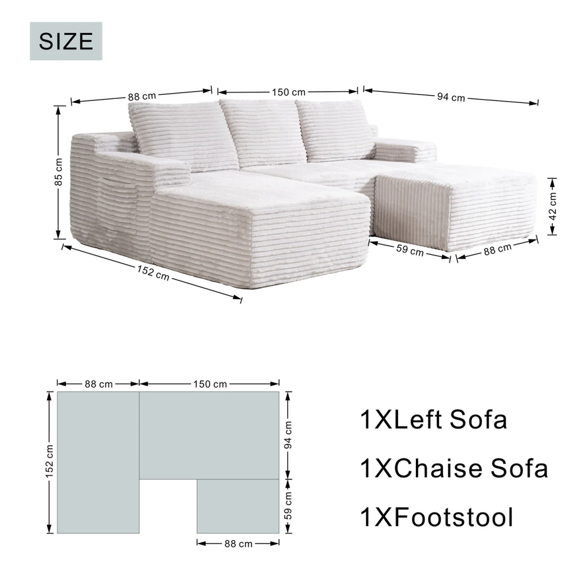 MIMO Modular Chaise Sofa Set with Storage, Square Ottoman, Corduroy Fabric - Grey – image 8