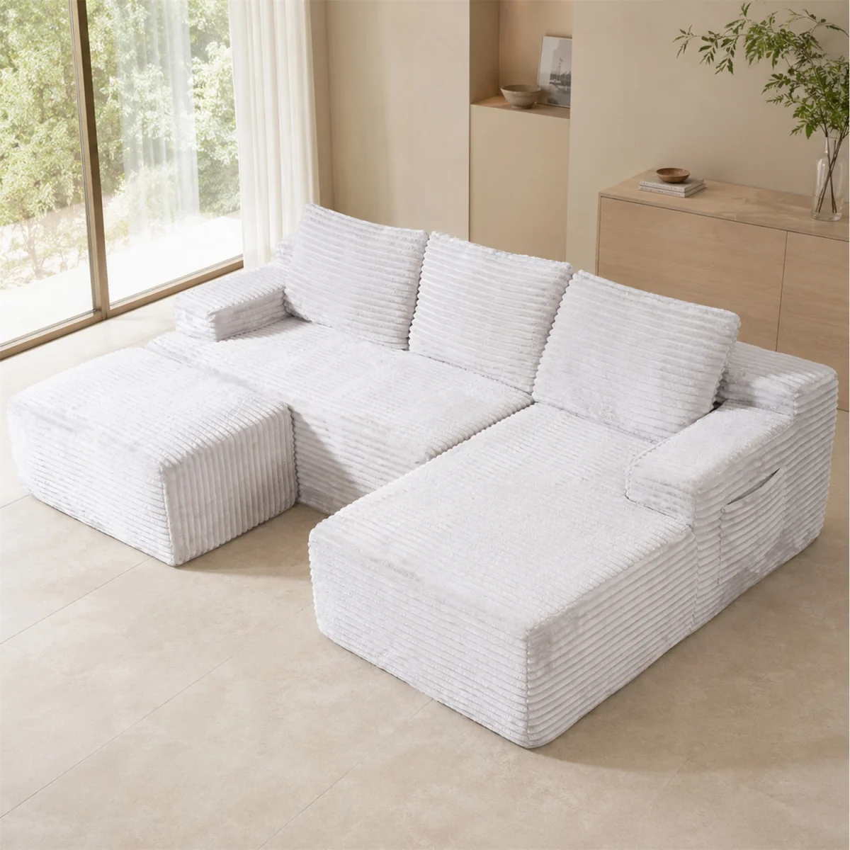 MIMO Modular Chaise Sofa Set with Storage, Square Ottoman, Corduroy Fabric - Grey – image 9