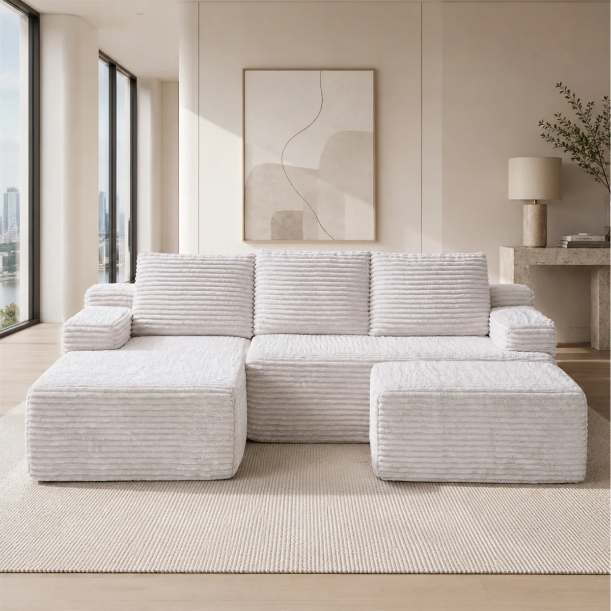 MIMO Modular Chaise Sofa Set with Storage, Square Ottoman, Corduroy Fabric - Grey – image 10