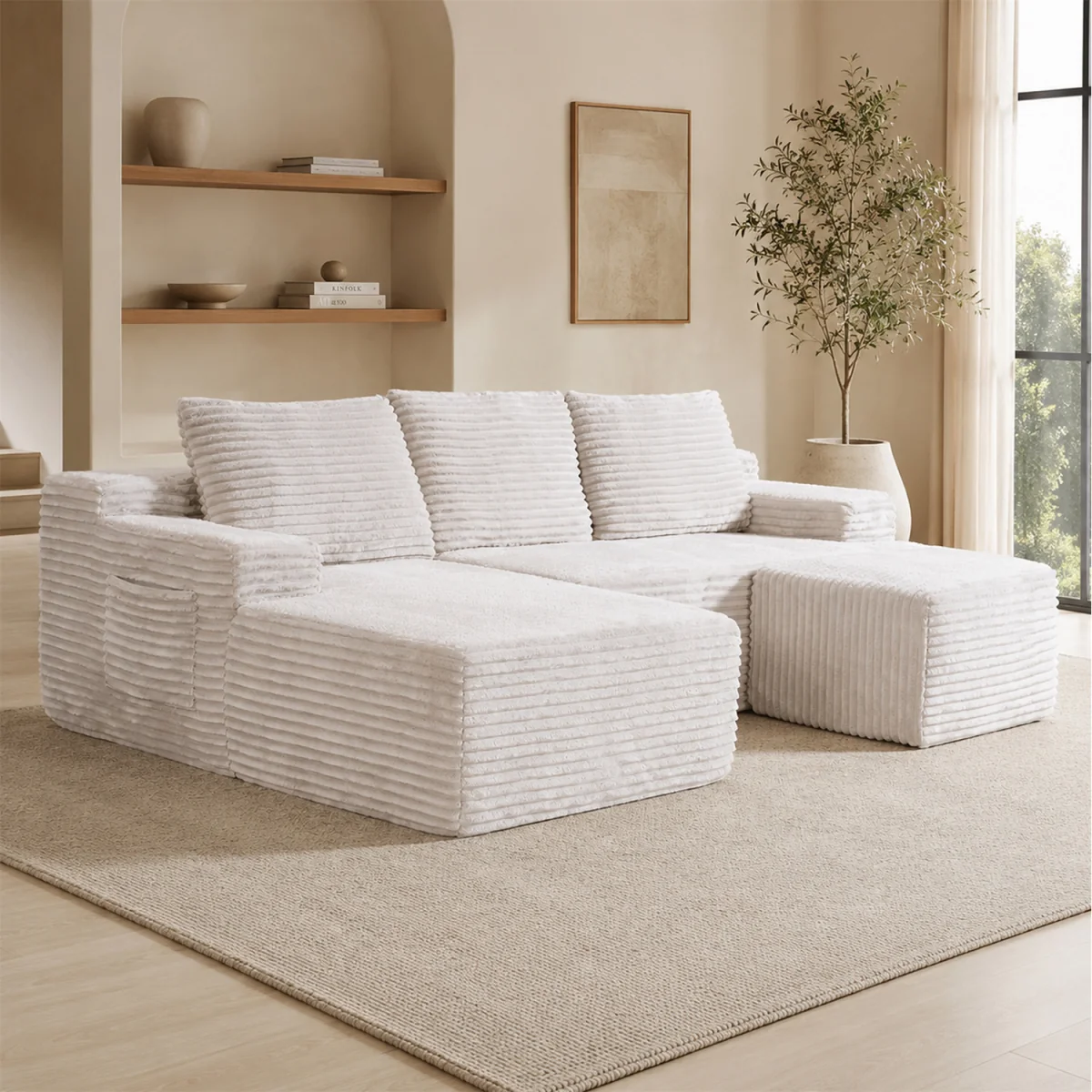 MIMO Modular Chaise Sofa Set with Storage, Square Ottoman, Corduroy Fabric - Grey – image 1