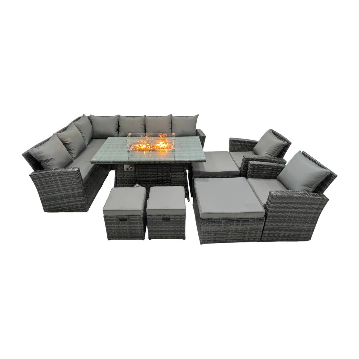 Fimous Poly Rattan Corner Sofa Set with Firepit, 4 Stools & 2 Chairs - Dark Grey Mixed – image 1