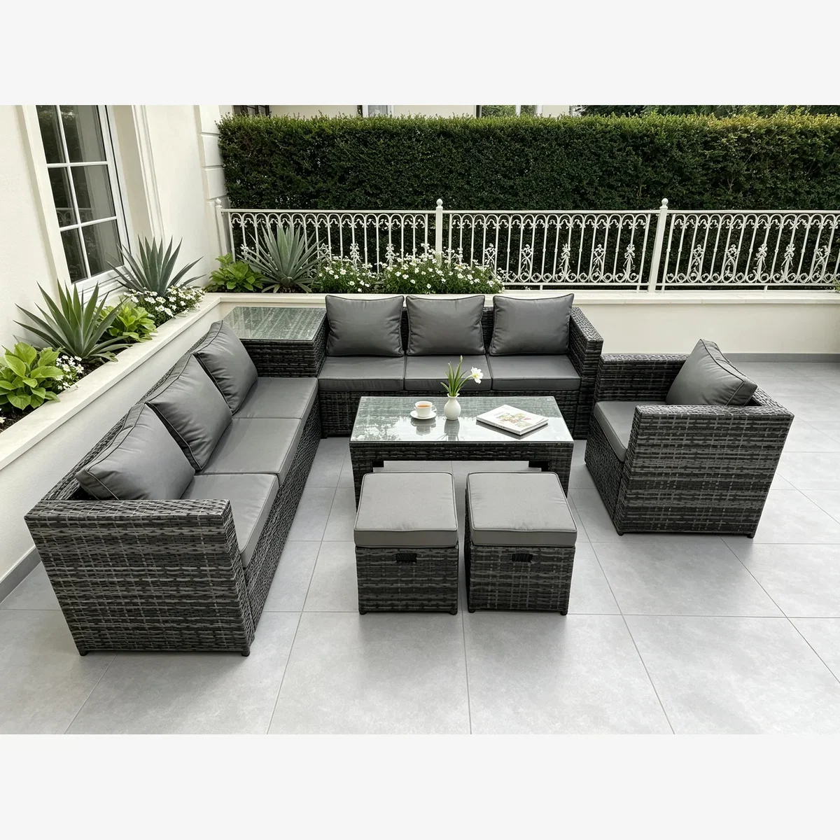 Fimous 9-Seater Rattan Corner Sofa Set with Side Table, Armchair - Dark Grey