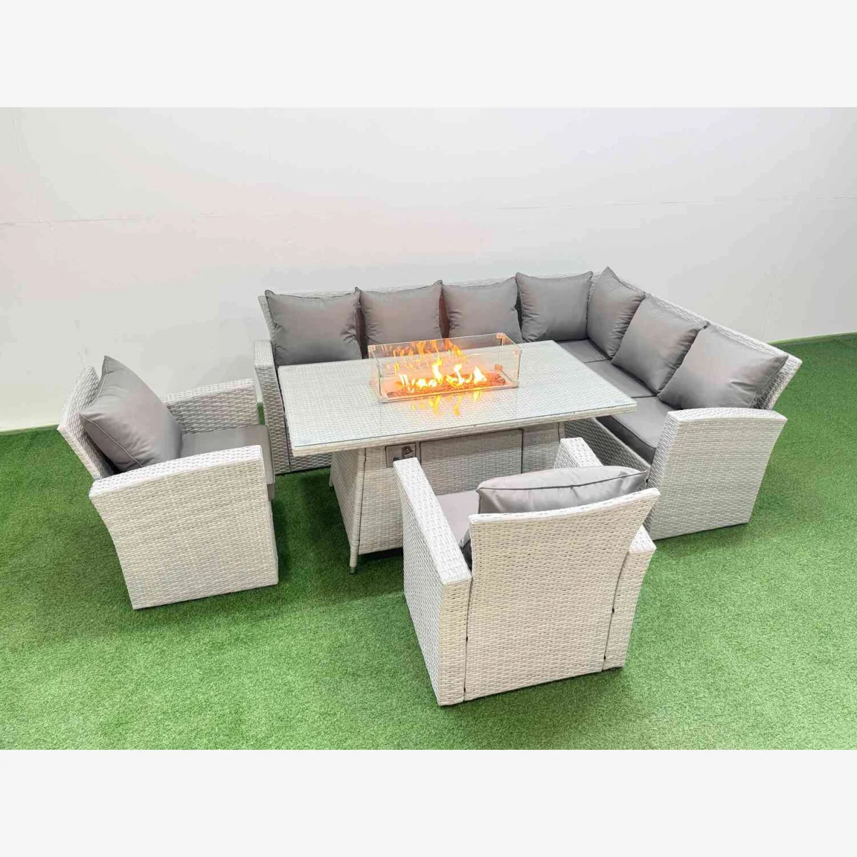 Fimous Rattan Corner Sofa Chair Set with Gas Fire Pit Table and Tempered Glass, Light Grey Mixed. - Light Grey Mixed – image 1