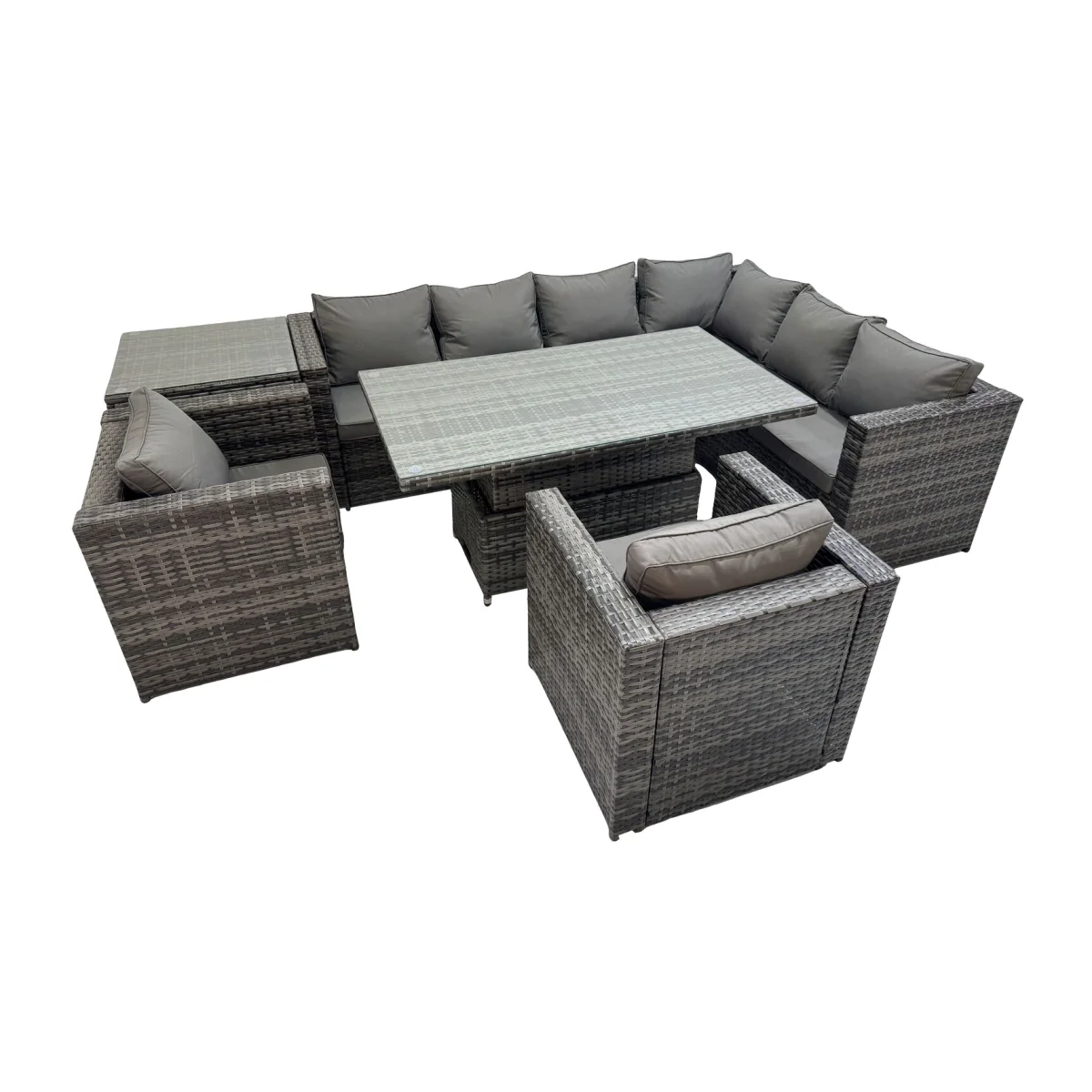 Fimous 8-Seater Rattan Corner Sofa Set with Adjustable Lifting Table, 2 Chairs & Side Table - Dark grey mixed rattan with dark grey fabric – image 1