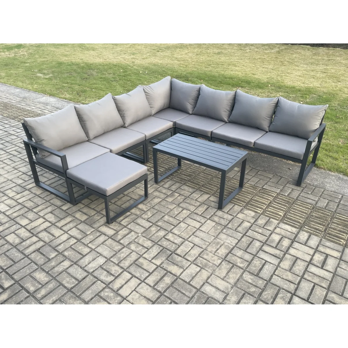 Fimous Aluminium 8-Seater Corner Patio Sofa Set with Coffee Table Dark Grey - Dark grey powder coated with dark grey fabric – image 2