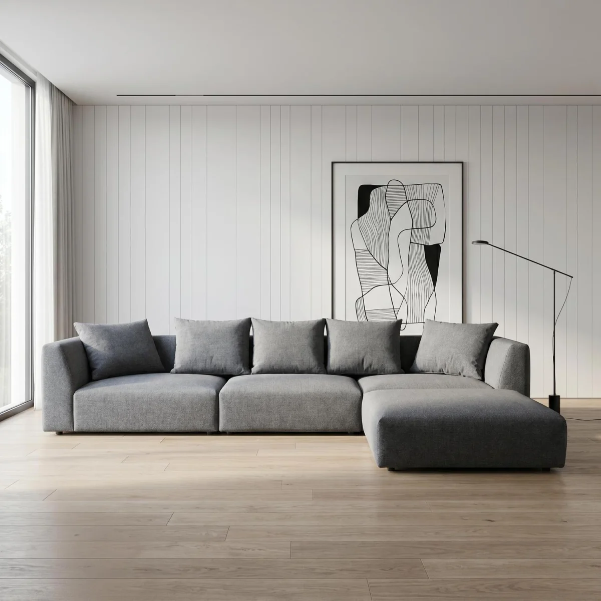 Tokyo Large Corner Sofa in Warm Taupe Brushed Tweed Fabric with Deep Seat - Classic Grey